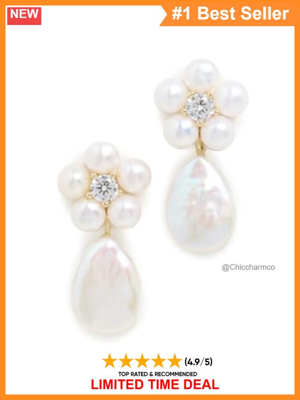 14K Vermeil Daisy Pearl Drop Earrings Floral Crystal Post